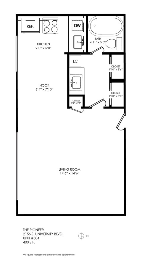 A drawing of a floor plan for a one bedroom apartment.